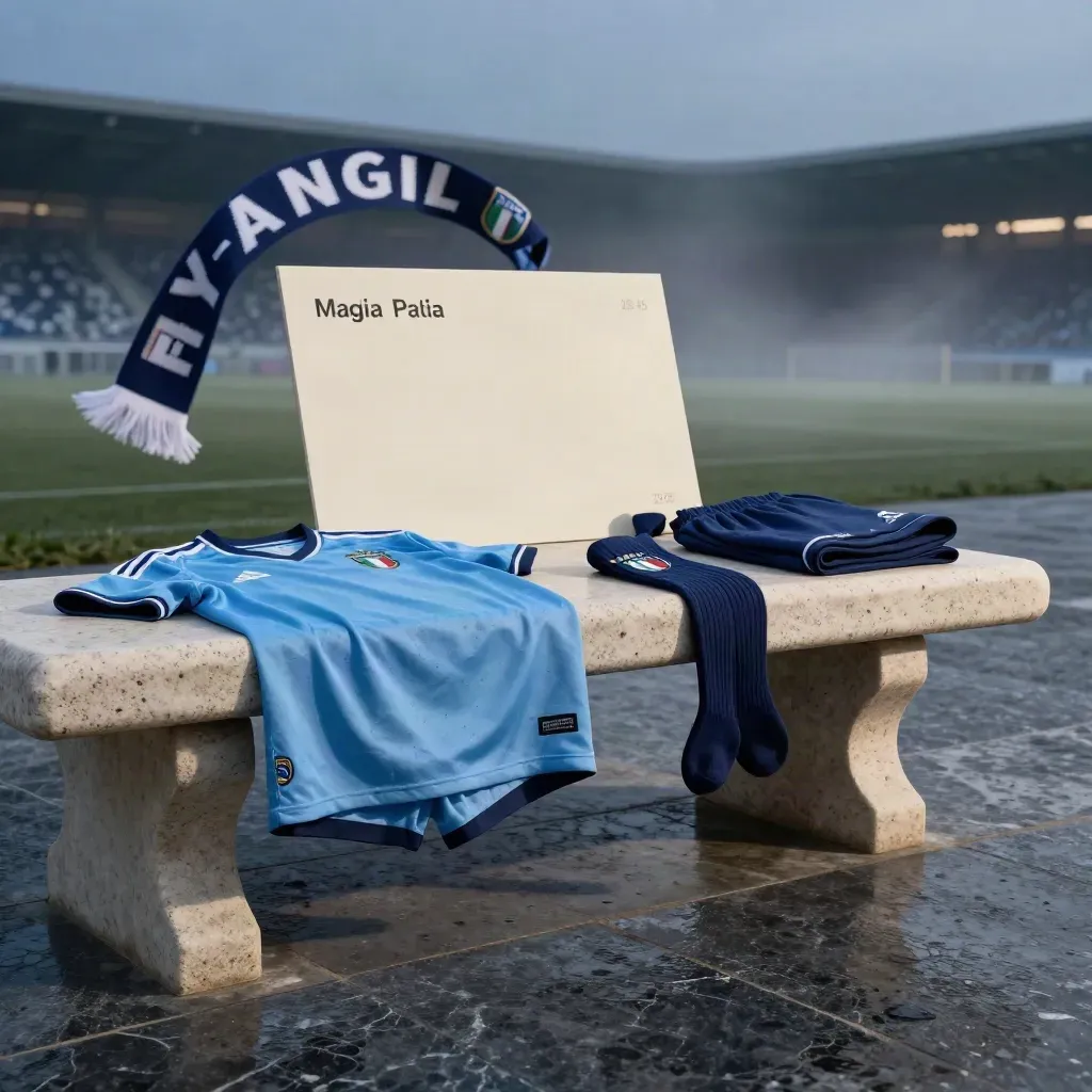 Maglia da calcio Italia con shorts, calzettoni e sciarpa su panca bagnata in blue hour