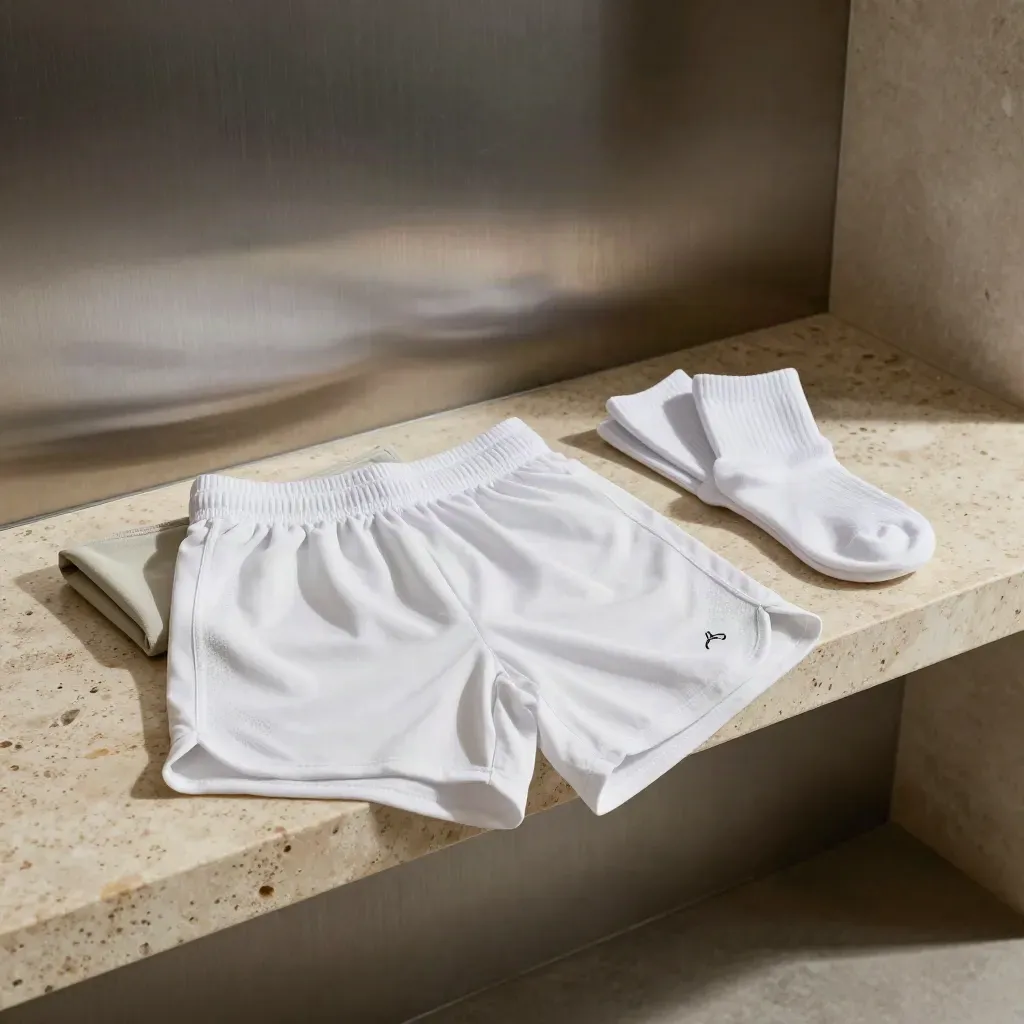 Shorts da allenamento Italia con base layer e calzettoni su mensola in travertino.