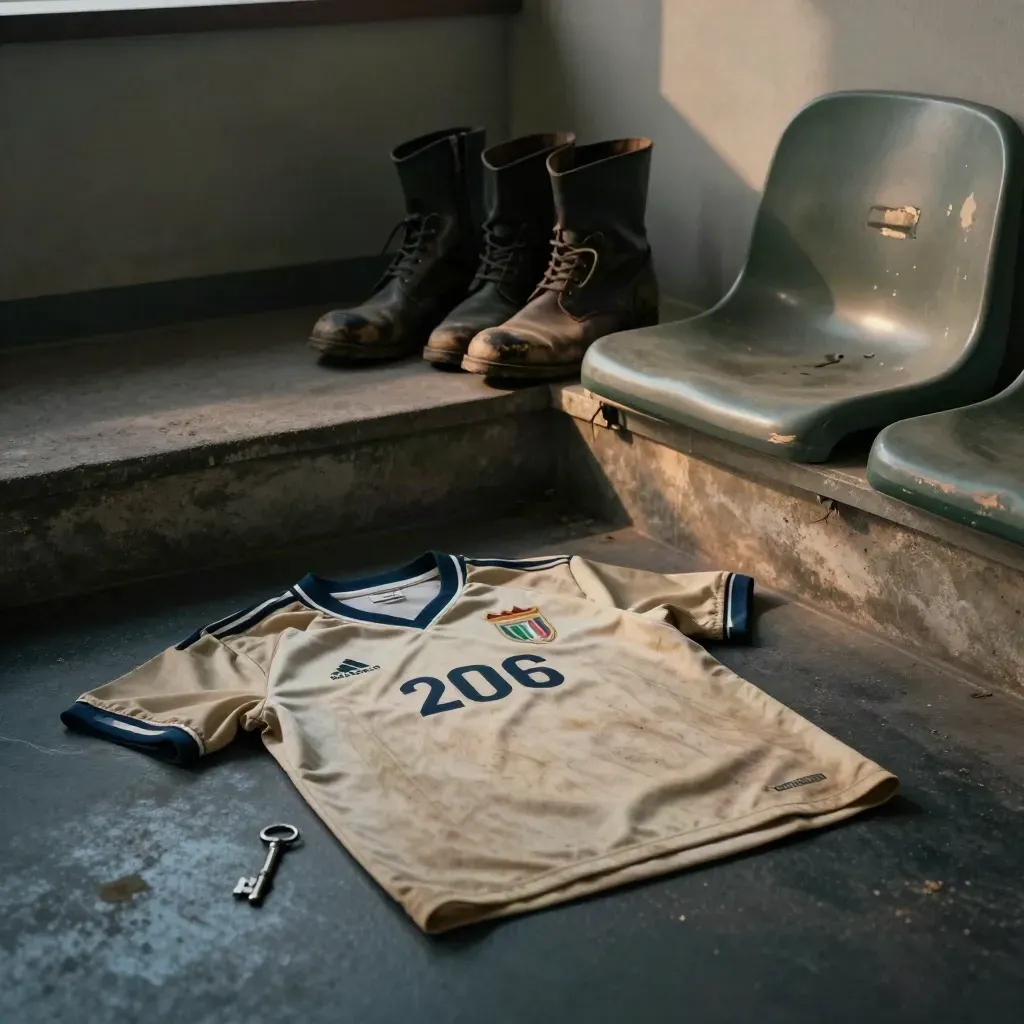 Maglia retro Italia 2006 con stivali consumati su una panchina di tribuna