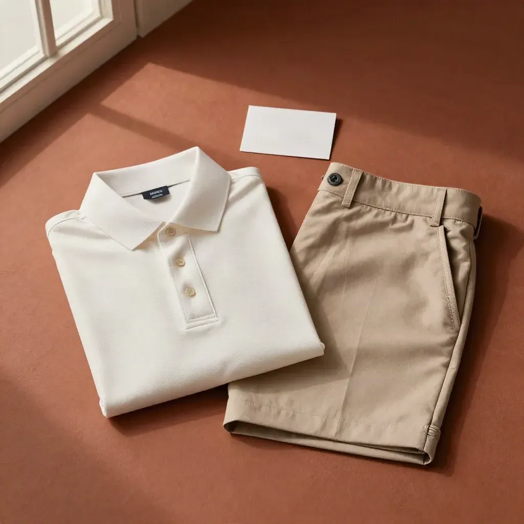 Polo bianco piegato con shorts e sciarpa su fondo terracotta, vista dall’alto.