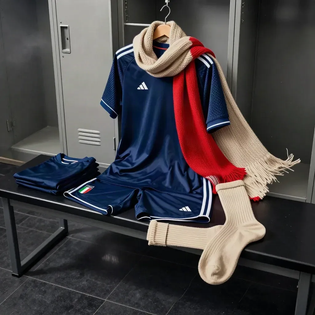 Completo Italia con maglia, pantaloncini, calzettoni e sciarpa su panca scura, luce drammatica.