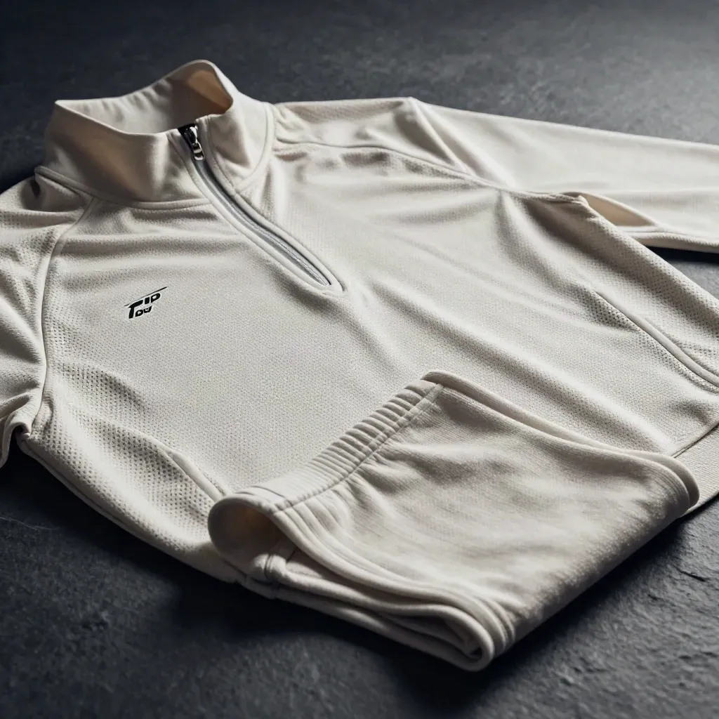 Top allenamento azzurro con mezza zip, shorts e calzettoni su ardesia scura
