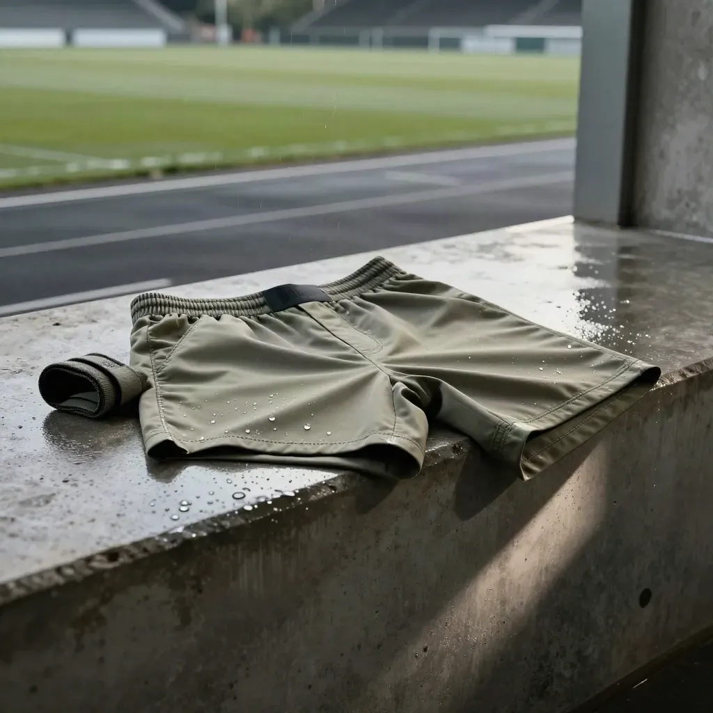 Pantaloncini Italia Gara su blocco di cemento bagnato, con polsino maglia piegato e luce radente.