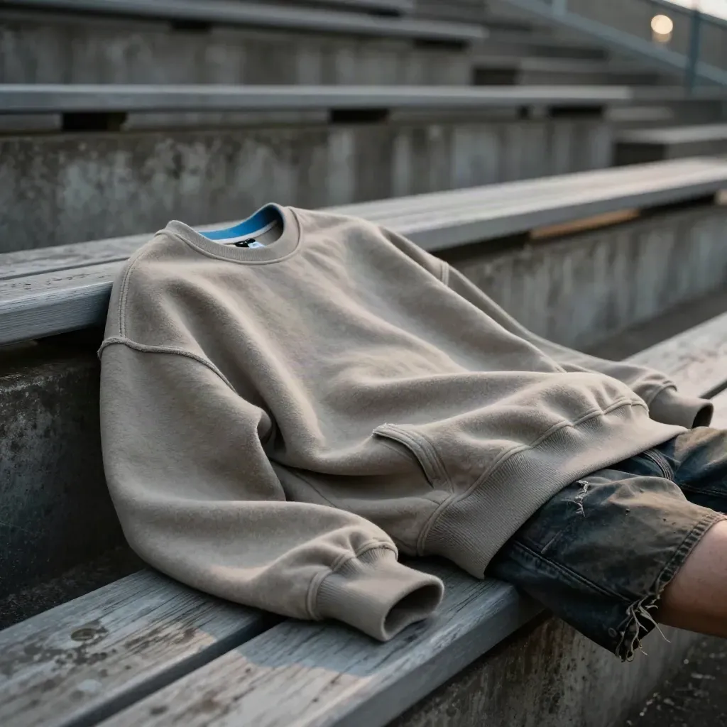 Felpa retrò azzurra su panca, con shorts vintage e atmosfera da stadio.