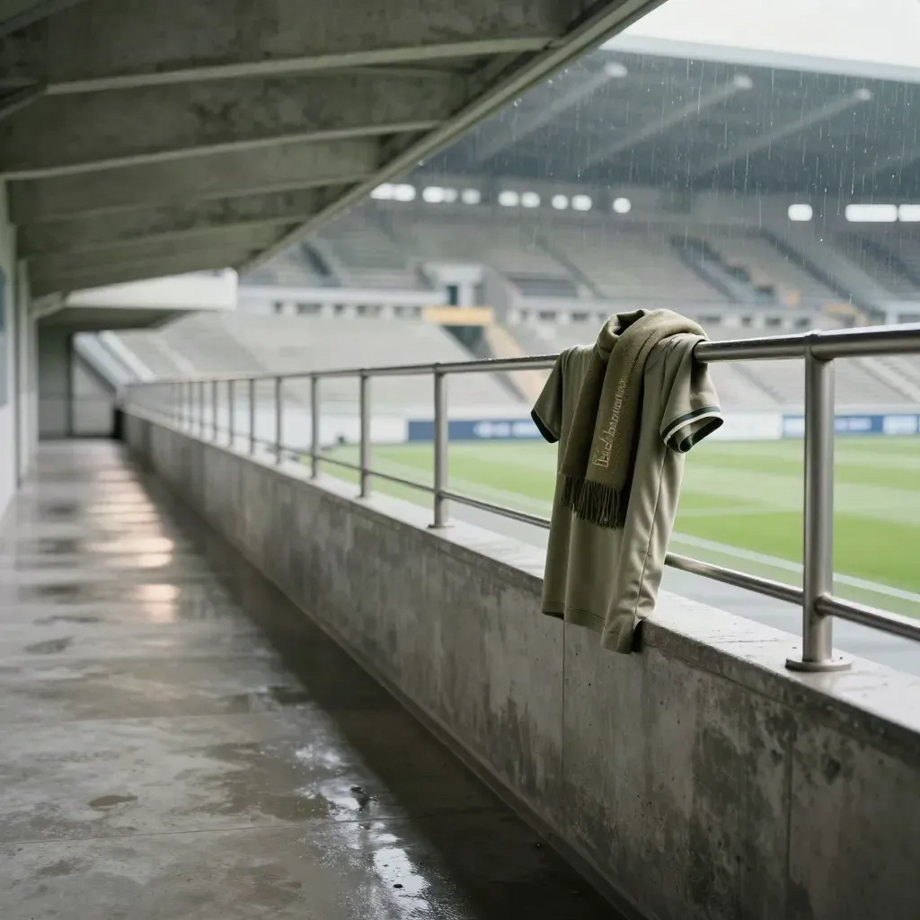 Corridoio di stadio bagnato con corrimano in acciaio e luce verde verso il campo